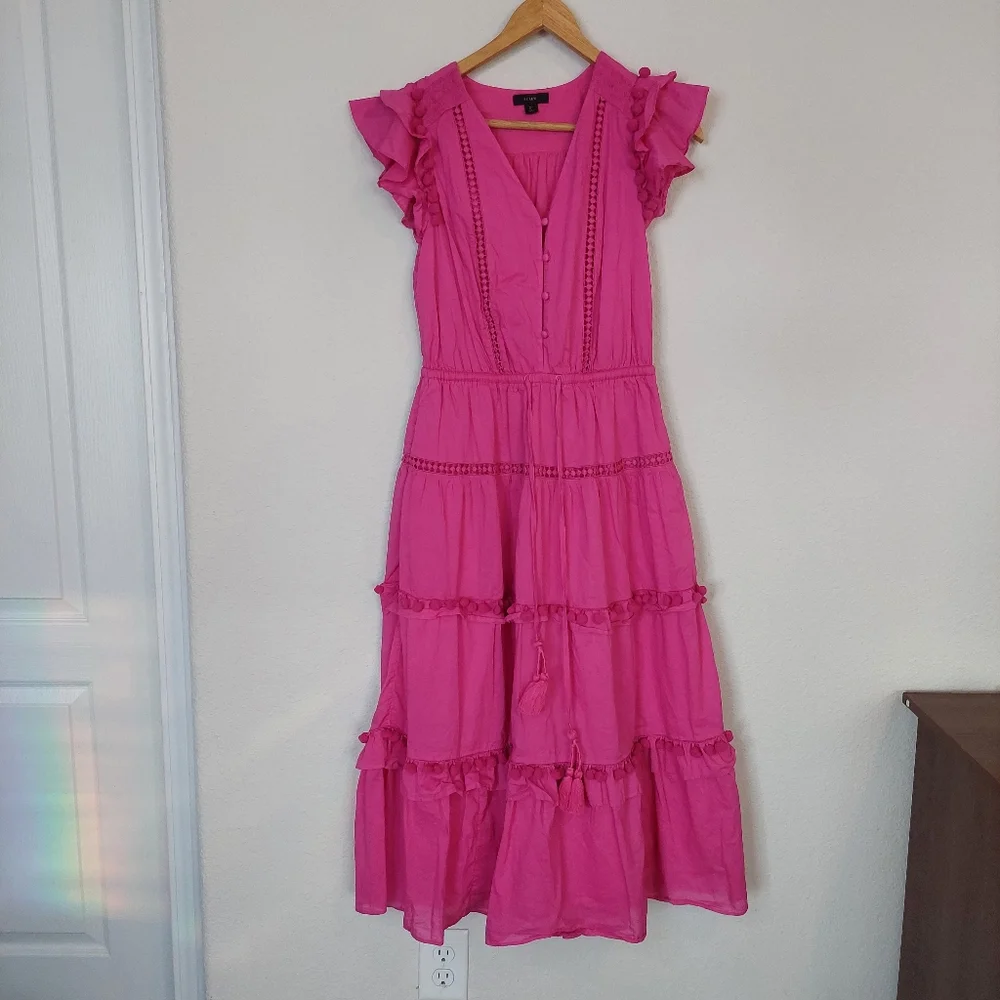 J.Crew Pom-Pom Dress in Cotton Voile in Hot‎ Pink Size 2 Tall
